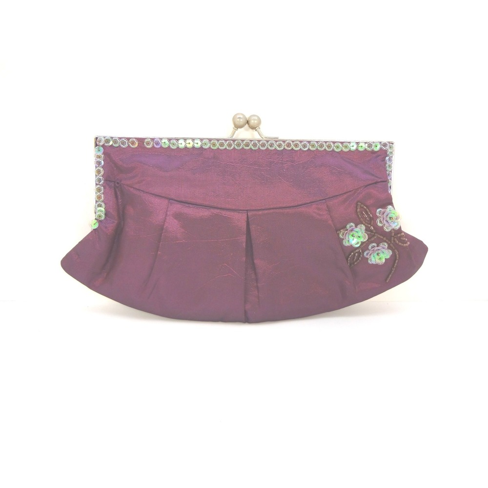 Purple Iridescent Pleated Clutch Evening Bag Sequins‎ Floral Accent